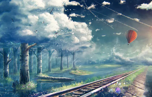 Картинка деревья, воздушный шар, рельсы, арт, железная дорога