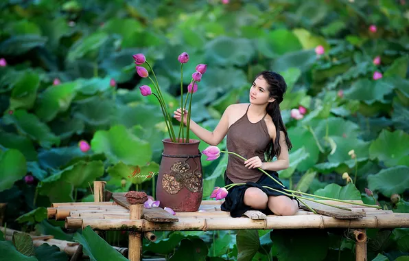 Картинка девушка, цветы, природа, азиатка