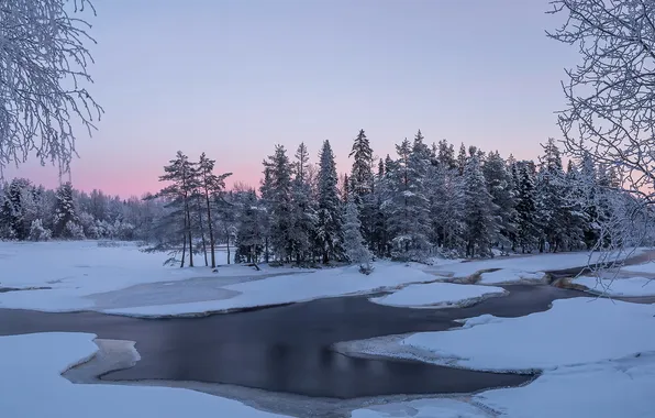 Картинка зима, закат, река