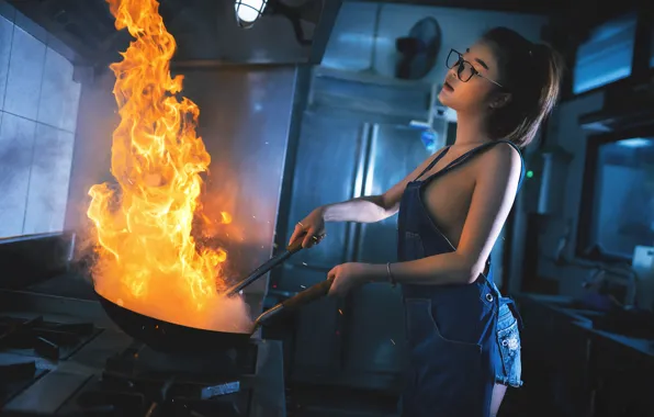 Картинка девушка, огонь, кухня
