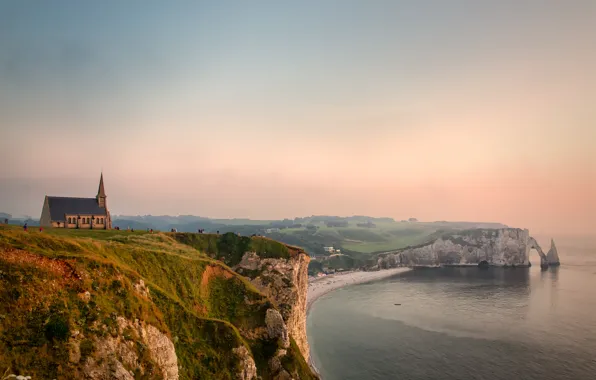 Картинка скалы, побережье, Франция, церковь, France, Ла-Манш, English Channel, Па-де-Ко