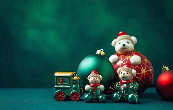 Шарики, игрушки, Рождество, Новый год, фигурки, зеленый фон, ёлочные игрушки, ИИ-арт