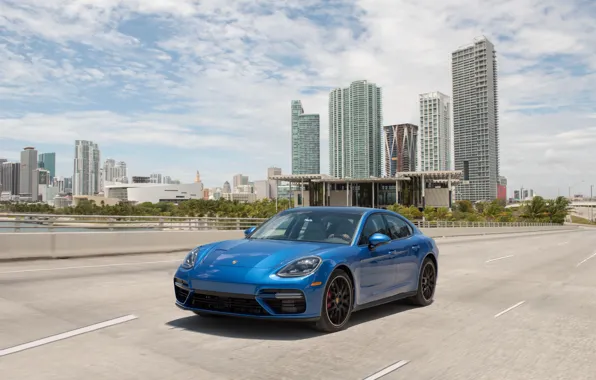 Дорога, авто, синий, город, скорость, Porsche, Panamera, turbo