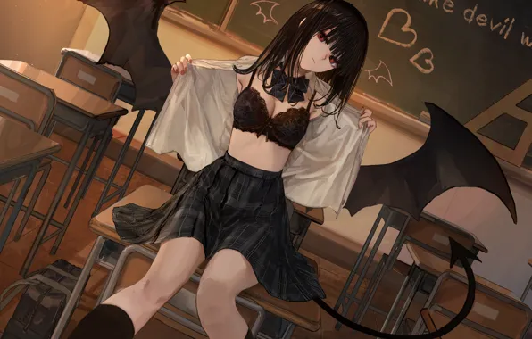 Cleavage, anime, red eyes, sitting, small boobs, schoolgirl, looking at viewer, closed mouth