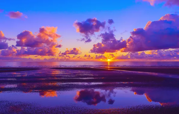 Sea, coast, sunset, clouds, sun