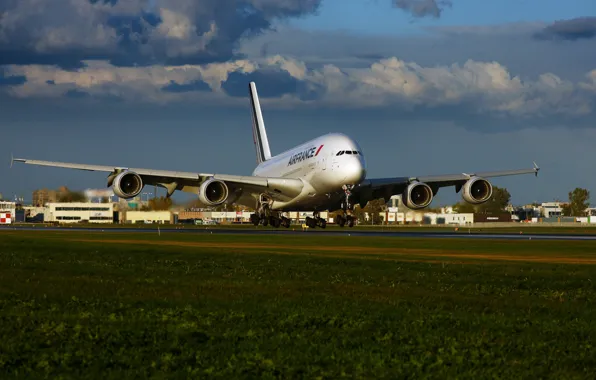 Картинка Небо, Облака, Трава, Самолет, Лайнер, Аэропорт, A380, Взлет