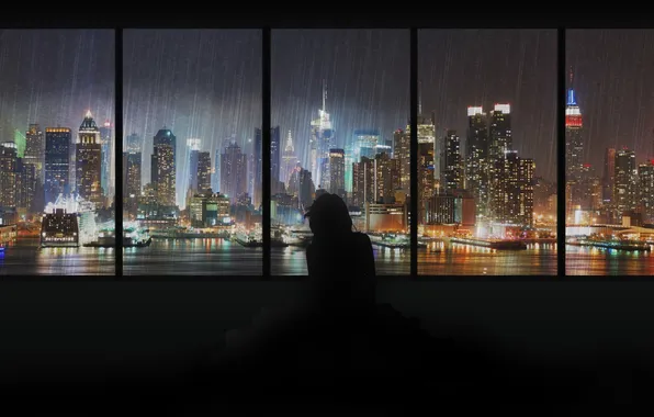 Картинка девушка, ночь, город, дождь, Аниме