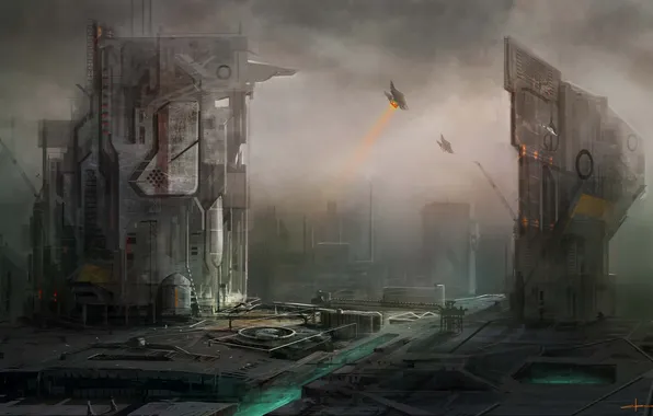 Картинка город, будущее, корабли, арт, сооружения, cloudminedesign