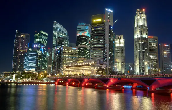 Ночь, город, река, сингапур, ночьной город