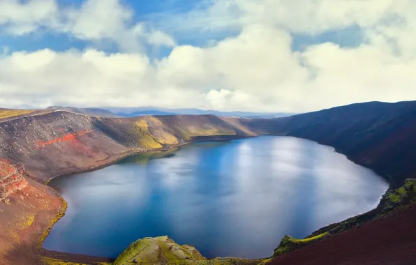 Небо, облака, озеро, вулкан, Исландия, Iceland, Island
