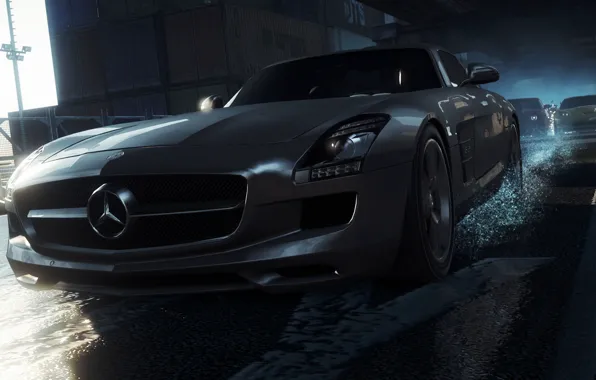 Картинка гонка, фары, Mercedes-Benz, AMG, SLS, дорого, need for speed most wanted 2012