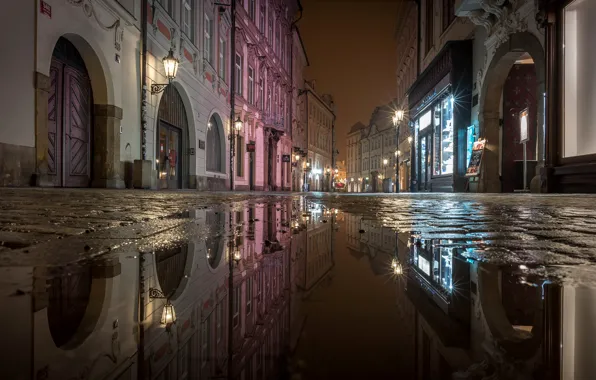 Вода, ночь, огни, отражение, улица, дома, Прага, Чехия