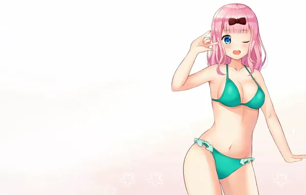Girl, sexy, lingerie, bra, cleavage, panties, pink hair, long hair