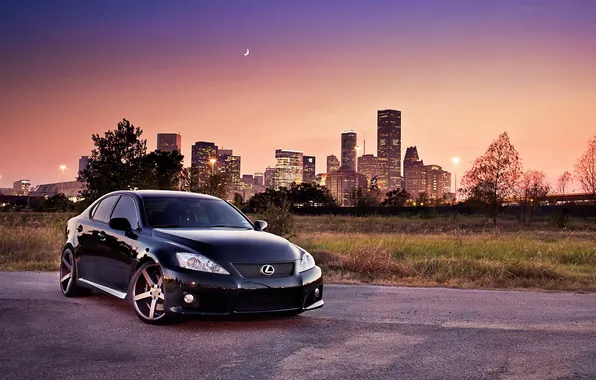 Город, огни, месяц, вечер, Lexus, лексус