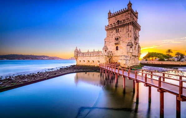 Картинка небо, закат, мост, река, башня, крепость, Португалия, Lisbon