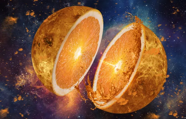 Картинка взрыв, рендеринг, сюрреализм, планета, апельсин, Космос