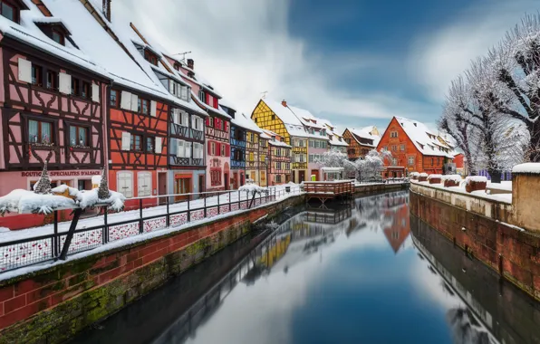 Картинка зима, река, Франция, здания, дома, набережная, France, Colmar