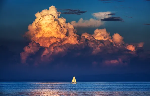 Море, небо, облака, отражение, берег, парусник, зеркало, горизонт