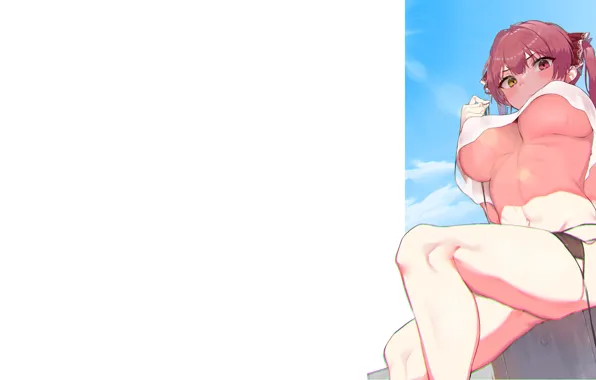 Girl, sexy, Anime, boobs, redhead, sitting, oppai, under boob
