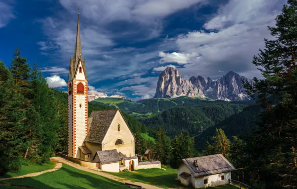 Картинка горы, Альпы, Италия, церковь, Ortisei
