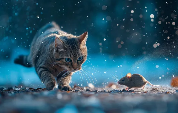 Кошка, кот, блики, мышь, охота