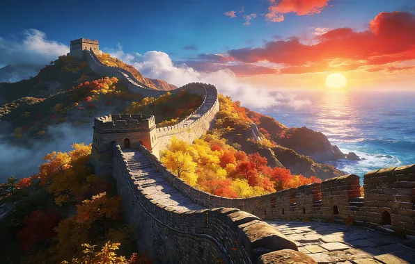 Картинка sea, landscape, mountains, sun rays, Great Wall of China, ai art