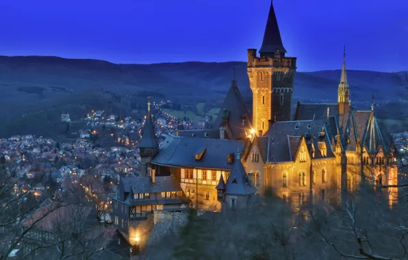 Картинка пейзаж, природа, город, замок, вечер, Германия, освещение, Саксония-Анхальт