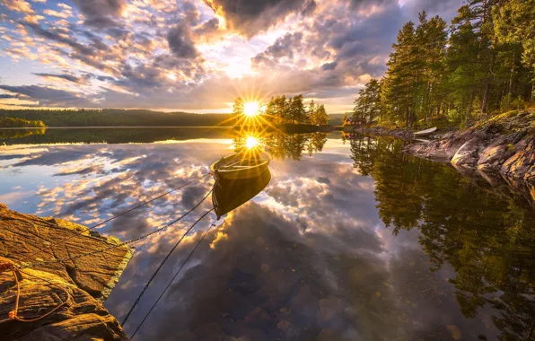 Картинка деревья, закат, озеро, отражение, лодка, Норвегия, Norway, Рингерике
