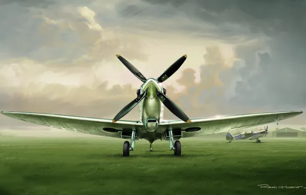 Картинка трава, тучи, рисунок, истребитель, аэродром, Spitfire, RAF, Supermarine