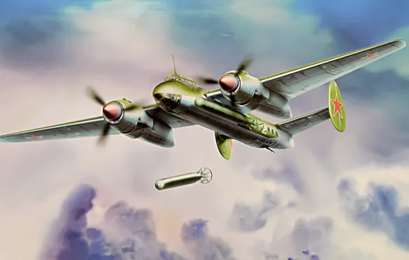 Картинка war, art, airplane, painting, aviation, ww2, Tupolev Tu-2, daylight bomber