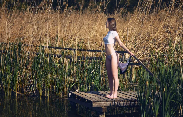 Grass, ass, panties, nature, lake, model, women, brunette