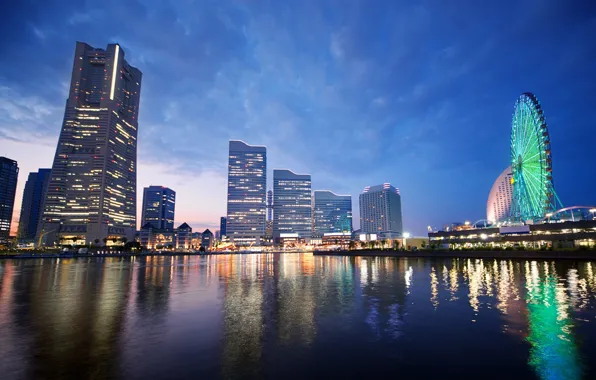 Море, небоскреб, Japan, sunset, Yokohama