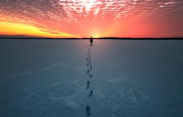 Зима, снег, закат, след, человек