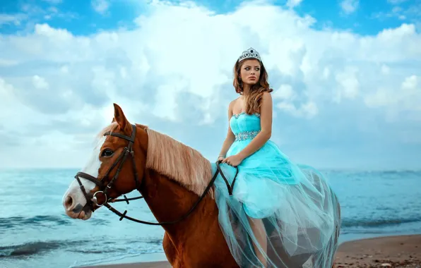 Картинка море, небо, девушка, настроение, конь, лошадь, платье, Alessandro Di Cicco