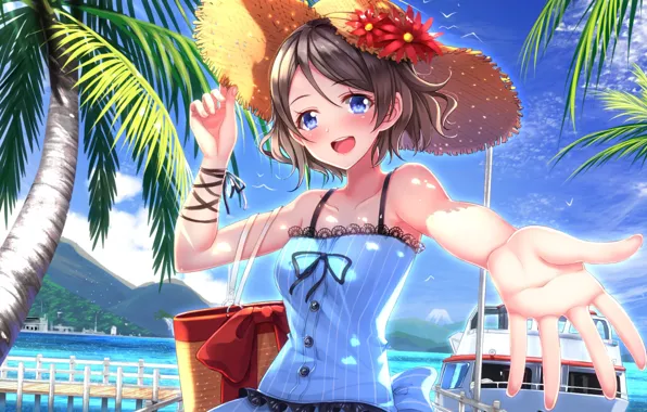 Море, вода, девушка, яхта, панама, anime, art, love live