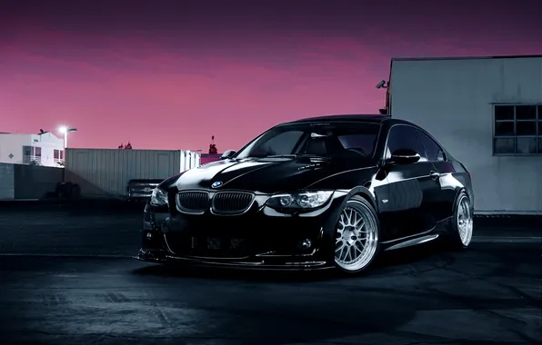 Ночь, бмв, BMW, чёрная, black, front, E92, 3 Series