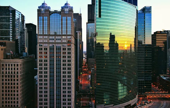Картинка закат, река, здания, небоскребы, вечер, Чикаго, Chicago