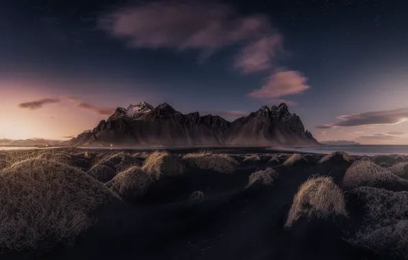 Картинка пляж, облака, свет, горы, ночь, вечер, Исландия