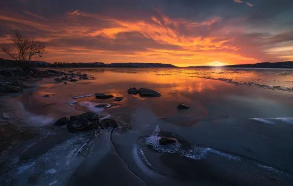 Зима, небо, закат, озеро, камни, Norway, Ole Henrik Skjelstad