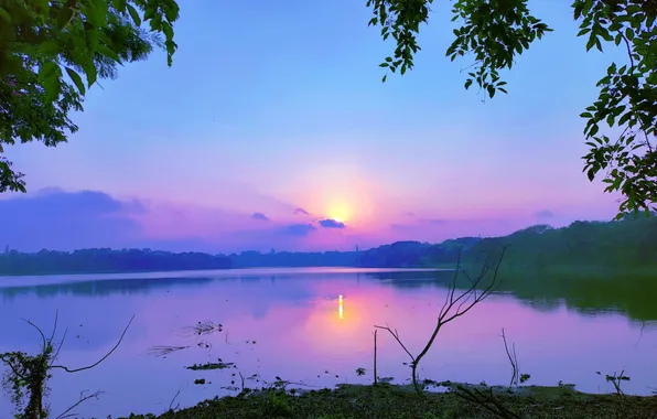 Sun, Water, Sunrise, Dawn, Morning, Lake, Trees, Reflection
