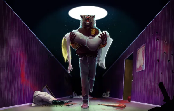 Девушка, Игра, Коридор, Волк, Art, Miami, Wolf, Hotline Miami