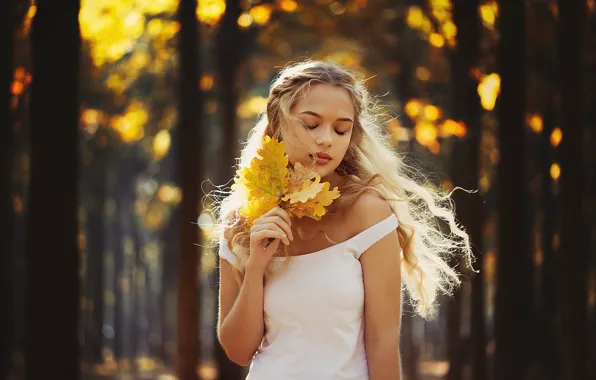 Картинка осень, лес, листья, девушка, природа, волосы, боке, Ann Nevreva