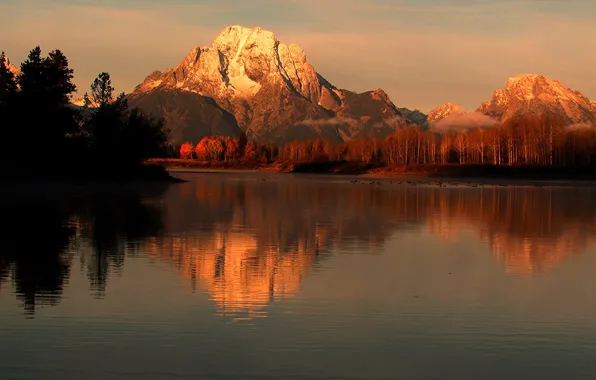 Картинка осень, небо, деревья, закат, горы, озеро, отражение, река