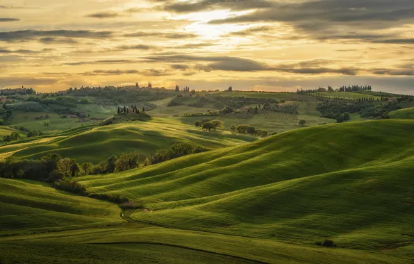 Холмы, поля, Италия, Italy, Тоскана, поместья, Val dOrcia