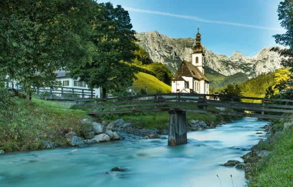 Картинка лето, трава, деревья, пейзаж, горы, мост, природа, река