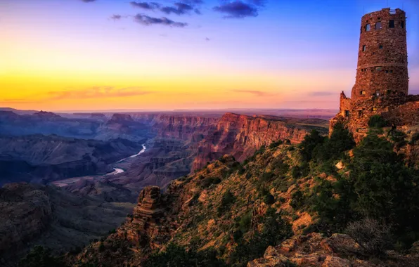 Пустыня, Аризона, США, сумерки, река Колорадо, Национальный парк Гранд-каньон, сторожевая башня