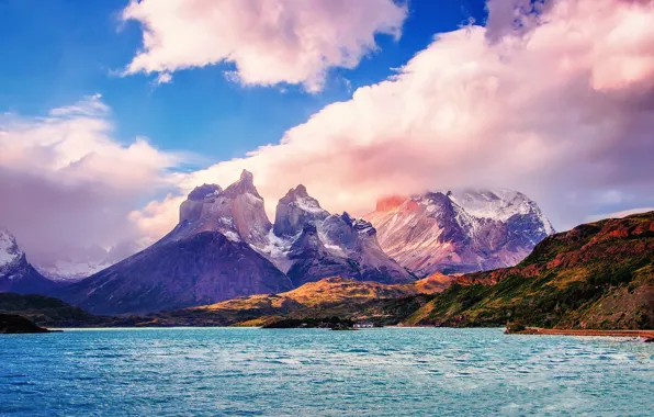 Картинка небо, облака, горы, Чили, Южная Америка, Патагония, Национальный парк Торрес-дель-Пайне, Lake Pehoé