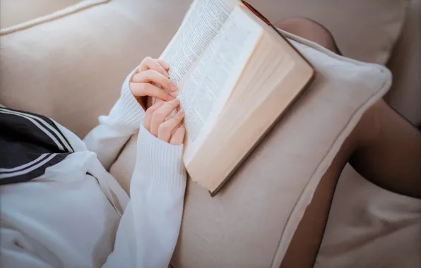 Asian, Woman, Sofa, Reading, Book, Pillow, Uniform, Close Up