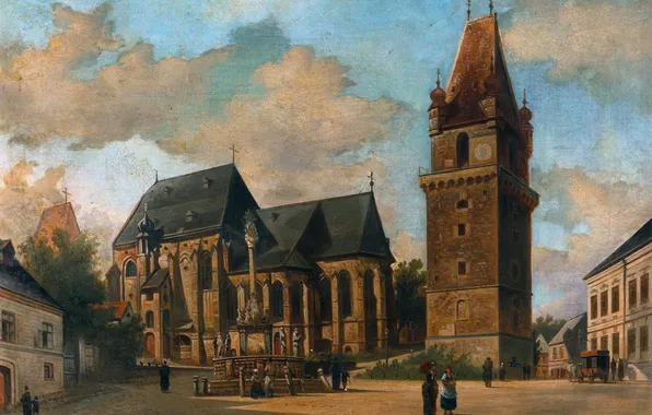 Дома, Церковь, Люди, Картина, Голландский художник, Elias Pieter van Bommel, Элиас Питер ван Боммель, Августинская …