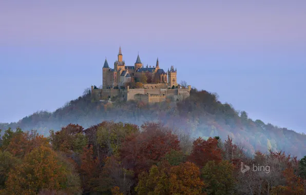 Картинка осень, лес, небо, деревья, гора, Германия, замок Гогенцоллерн